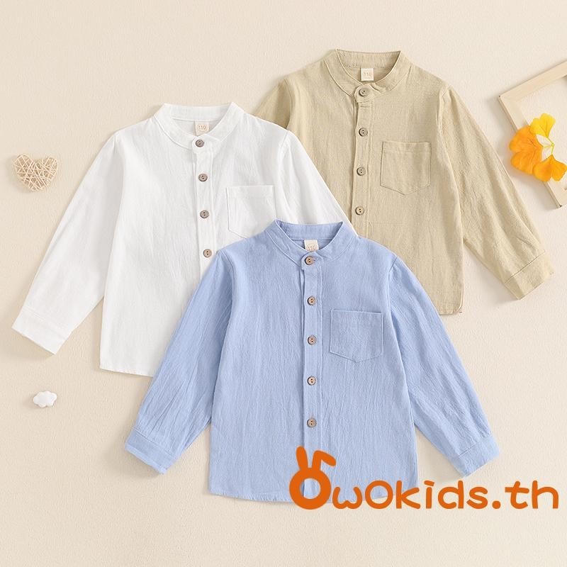Grao-little Boy เสื้อสีทึบกระเป๋าหน้าอกยืนปกแขนยาวปุ่มด้านหน้าฤดูใบไม้ร่วงสุภาพบุรุษ Tops