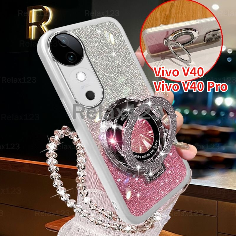 สําหรับ Vivo V40 Pro 5G Vivo V40 5G V40Pro VivoV40 5G Gitter Stand Holder เคสโทรศัพท์ 2024 ปลอกเชือกแขวนเลนส์ป้องกัน TPU Soft Glitter ShockProof ฝาหลัง