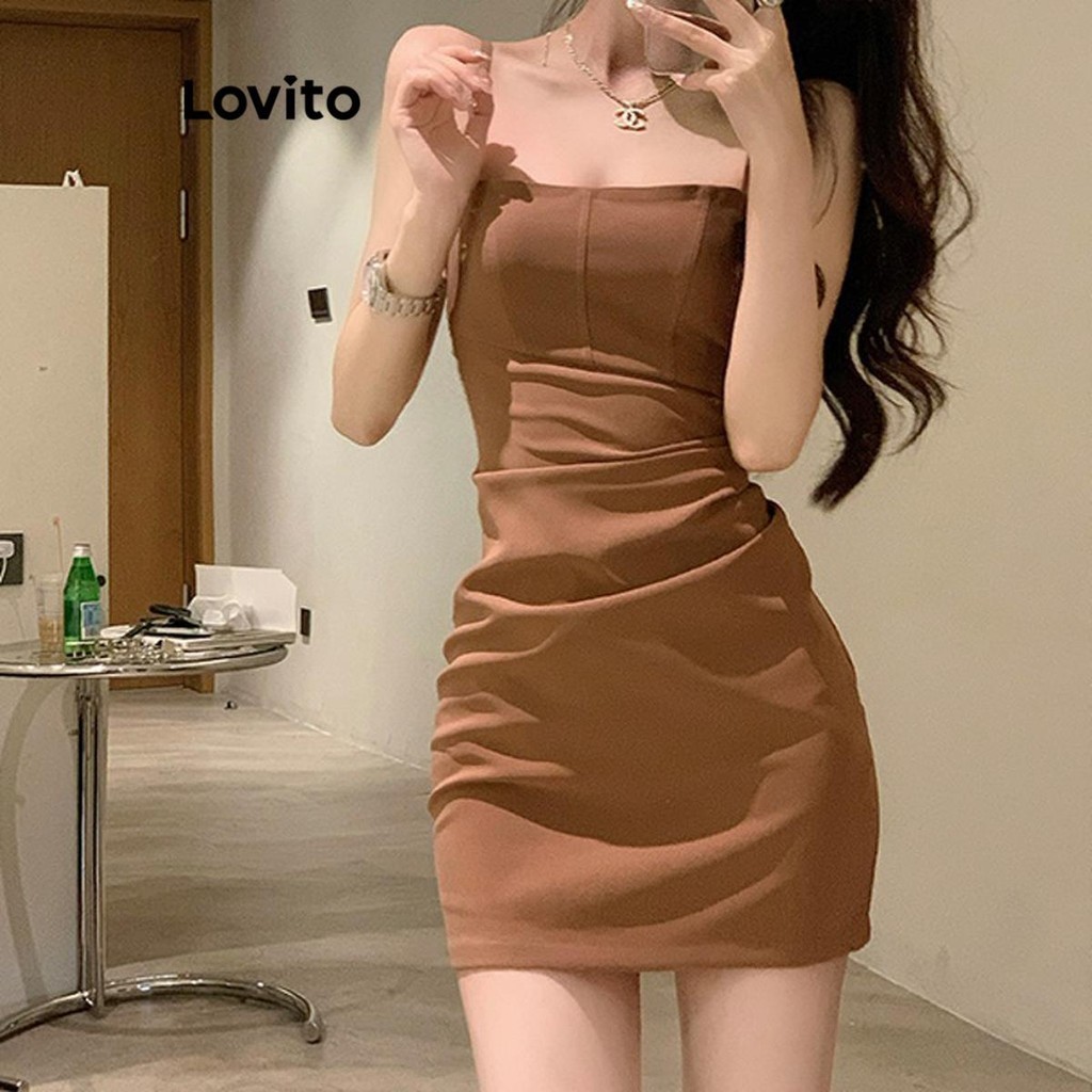 Lovito ชุดเดรสผู้หญิง เย็บตีเกล็ดหน้า สีพื้น สไตล์ลำลอง LNE64055