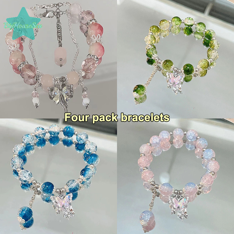 [BigHouseSea] ดอกไม้ฟีนิกซ์สีชมพูสาขารุ่นโบว์ผีเสื้อจี้ลูกปัดสร้อยข้อมือหวานเย็นสําหรับผู้หญิงความงามอินเทรนด์เครื่องประดับมืออุปกรณ์เสริมใหม่