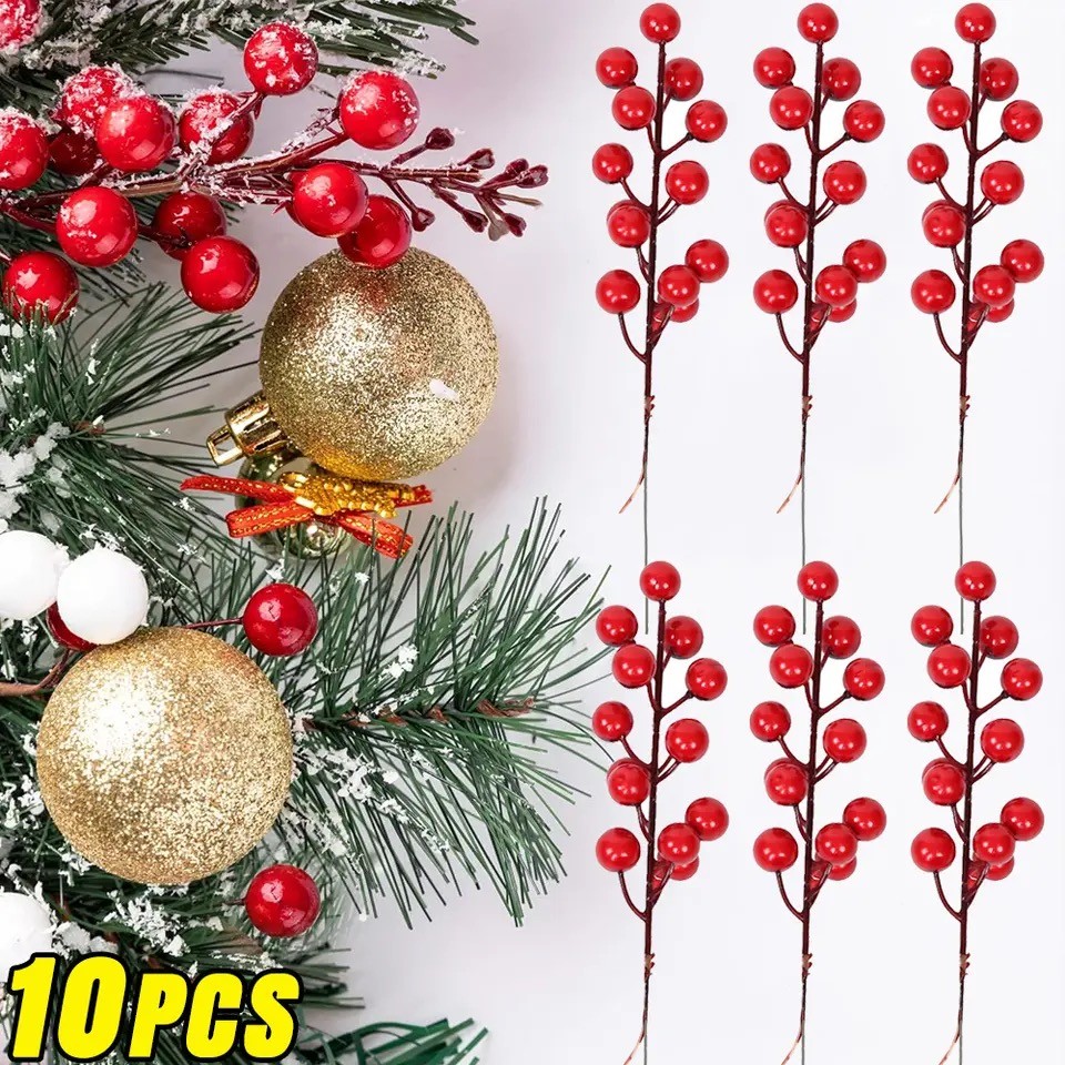 10 ชิ้นสีแดงคริสต์มาสดอกไม้ประดิษฐ์ Stems Holly Berry สาขาพืชปลอม Xmas Tree ตกแต่งพวงหรีด DIY Craft