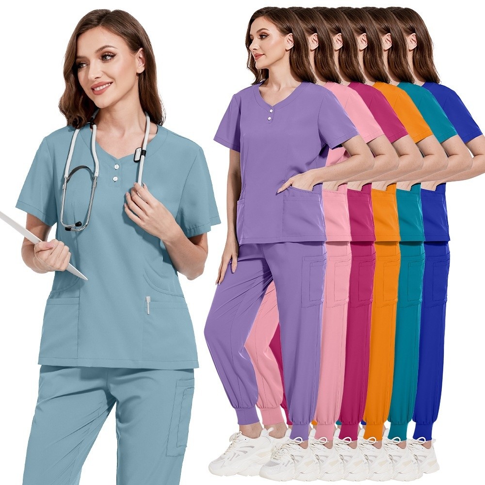 Niaahinn แฟชั่นผู้หญิงผู้ชาย Unisex ยืดหยุ่นริ้วรอย Breathable Scrub ชุดกางเกงสินค้าหมอพยาบาลชุดShort แขน V คอ Top + Jogger กางเกง