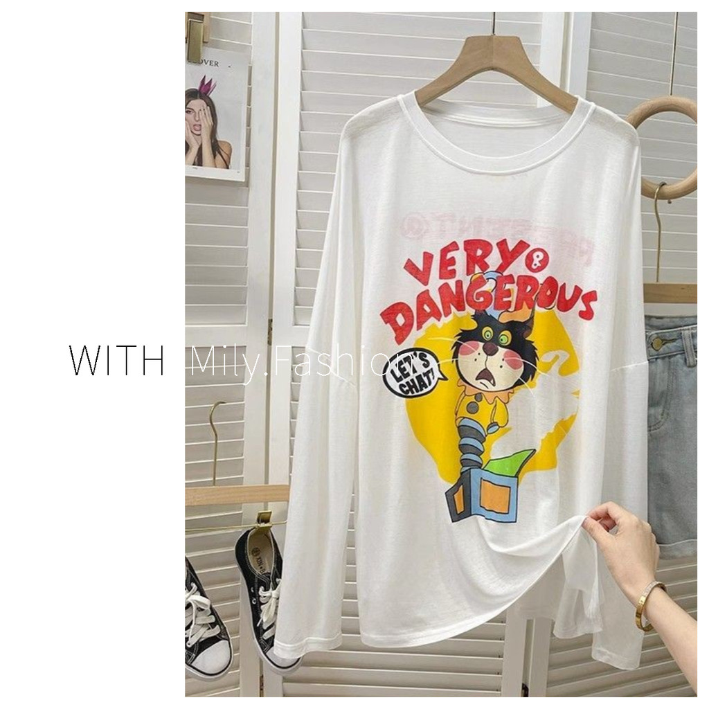 Milyfashion Casual เวอร์ชั่นเกาหลีสนุกพิมพ์เสื้อยืดแขนยาวผู้หญิงฤดูร้อน 2024 สไตล์ใหม่ความยาวกลางแฟชั่นครีมกันแดดหลวมด้านบน