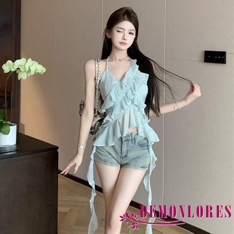 Demonlores-women Halter Top Tie-up แขนกุด Backless Ruffled เสื้อกั๊กฤดูร้อนไม่สม่ําเสมอ