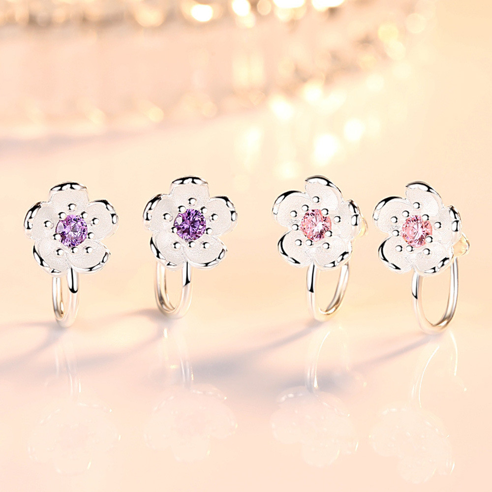 925 เงินสเตอร์ลิงสไตล์เกาหลีคริสตัล Cherry Blossom ดอกไม้คลิปบนต่างหูโดยไม่ต้องเจาะสําหรับสาวหวานหูคลิป ราคา ถูกที่สุด ดีลบีเคเค แกลเลอรีภาพที่ 3