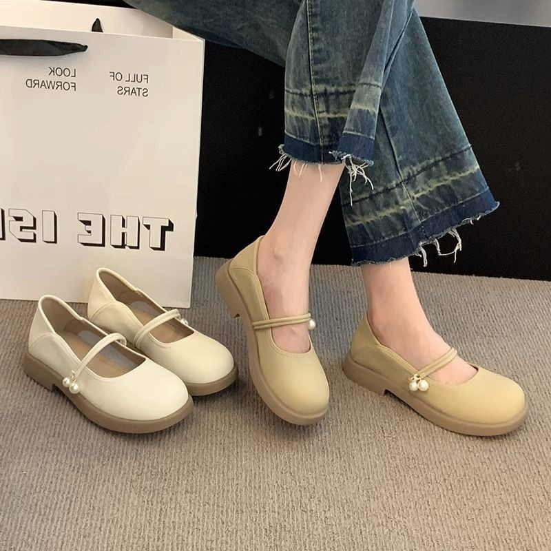 รองเท้าสตรีแมรี่เจนสไตล์เกาหลี นุ่มและสวมใส่สบาย อุปกรณ์ประดับมุกอันประณีต