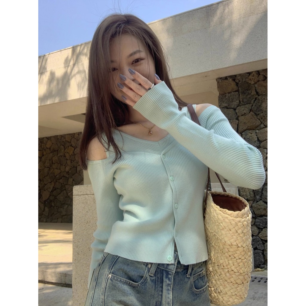 ซูซี ปิดไหล่สีทึบหลวมคอวีแขนยาวถักเสื้อกันหนาว 240823