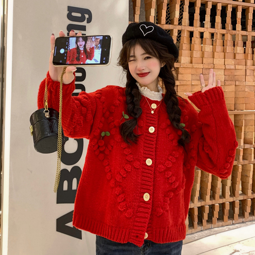 เกาหลีหวานเชอร์รี่ย้อนยุคถักคาร์ดิแกนฤดูใบไม้ผลิใหม่ผู้หญิงสวมเสื้อสเวตเตอร์หลวมขี้เกียจเสื้อสเวตเตอร์จำมิงค์ของฉัน6qmr