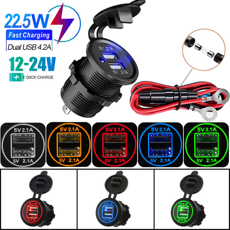 12/24v Dual USB Port Car Charger รถจักรยานยนต์ 5V 4.2A Charger Socket กันน้ํา Fast Quick Charge Adapter สําหรับรถยนต์เรือรถบรรทุก