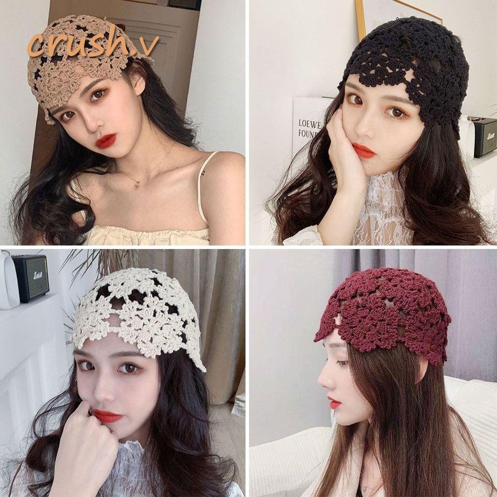 [CRUSH] หมวกเบเร่ต์, Hollowed Out หมวกถักฤดูร้อน,Breathable Casual Flowers Fashion Sun Visor Women