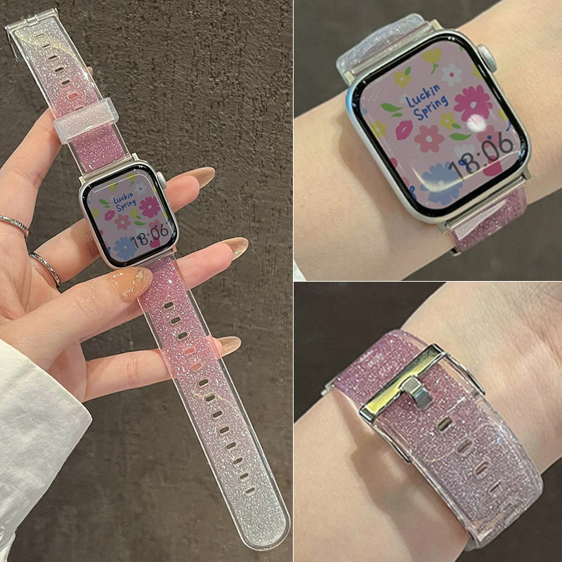 Glitter Clear Band สําหรับสายนาฬิกาอัจฉริยะ 9 8 7 6 5 4 3 2 SE Ultra 2 48 มม.สาวกีฬาพลาสติก Starp สําหรับ iWatch 41 มม.45 มม.44 มม.40 มม.38 มม.