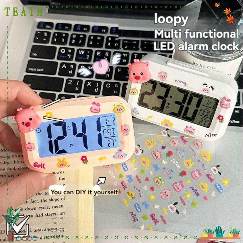 Teath นาฬิกาปลุก Loopy, มัลติฟังก์ชั่น Kawaii LED นาฬิกาดิจิตอล,การ์ตูนห้องนอนข้างเตียงเครื่องประดับนาฬิกาตั้งโต๊ะขนาดเล็ก