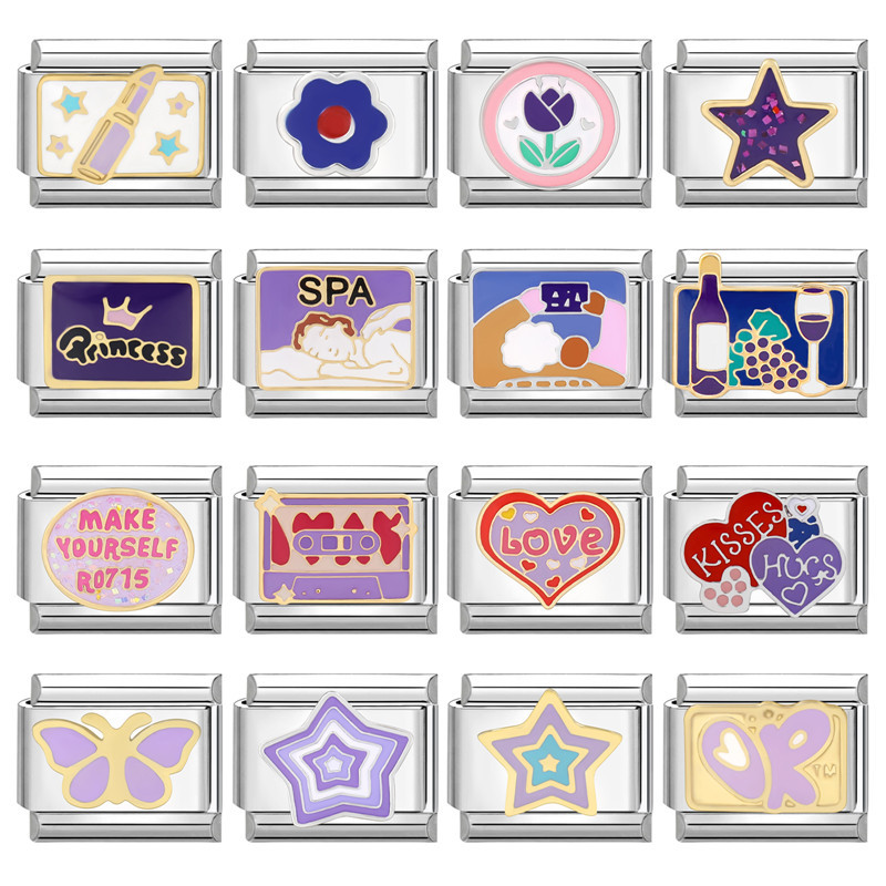 ชุดสีม่วงดาวผีเสื้อดอกไม้อิตาเลี่ยน Charm Links Fit 9 มม.สร้อยข้อมือสแตนเลส Diy เครื่องประดับทําอุปกรณ์เสริม Retro บุคลิกภาพโมดูลสร้อยข้อมืออุปกรณ์เสริม