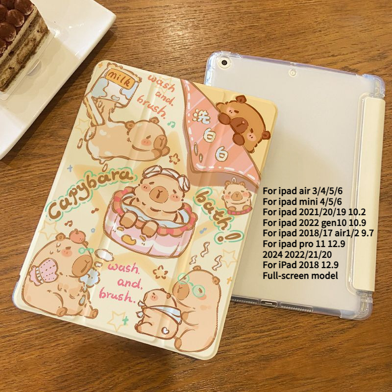สําหรับ iPad 2022 10th 10.9 กรณีการ์ตูนน่ารัก Kapybara รูปแบบ iPad สมาร์ทสําหรับ iPad Air6 Air5 Air4 10.9 Air3/Pro2017 10.5 พร้อมที่ใส่ดินสอ