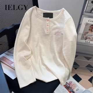 IELGY เสื้อยืดแขนยาวสีทึบฤดูใบไม้ร่วงของผู้หญิงหลวมด้านบน