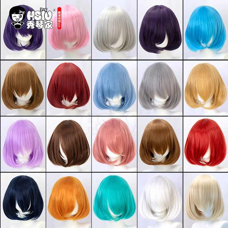 23สี35เซนติเมตรคอสเพลย์วิกผมสั้นสีดําสีขาวสีม่วงสีฟ้าสีแดงสีเหลืองอุณหภูมิสูงไฟเบอร์วิกผมสังเคราะห์พรรคคอสเพลย์วิกผม