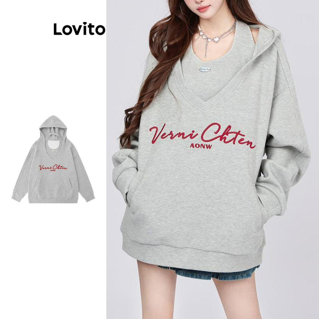 Lovito รูปแบบธรรมดาปลอม 2 In 1 เสื้อกันหนาวผู้หญิงสบาย ๆ รูปแบบธรรมดาปลอม 2 In 1 เสื้อกันหนาวสำหรับผู้หญิง LNA75314