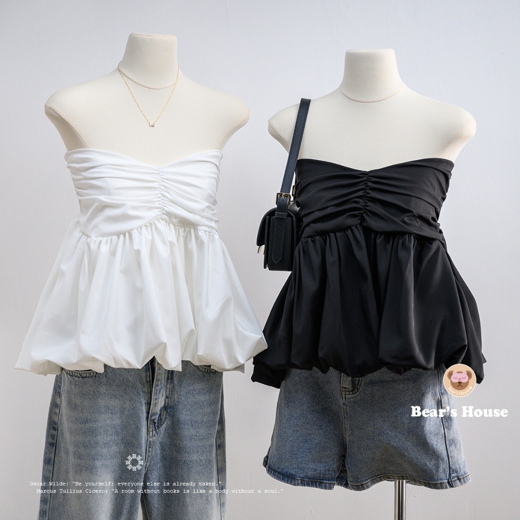 Alicia Balloon Crop เสื้อเกาะอก บอลลูน ผ้าครัช ดีเทลเเต่งจีบอก ด้านหลังสม็อค