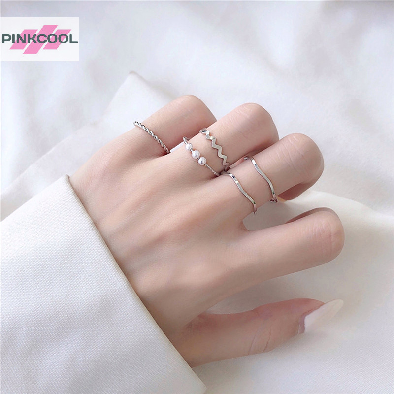 Pinkcool 5 ชิ้น/เซ็ตแฟชั่นเครื่องประดับแหวนชุดโลหะ Hollow รอบเปิดผู้หญิงแหวนนิ้วสําหรับสาว Lady Party ของขวัญแต่งงานร้อน