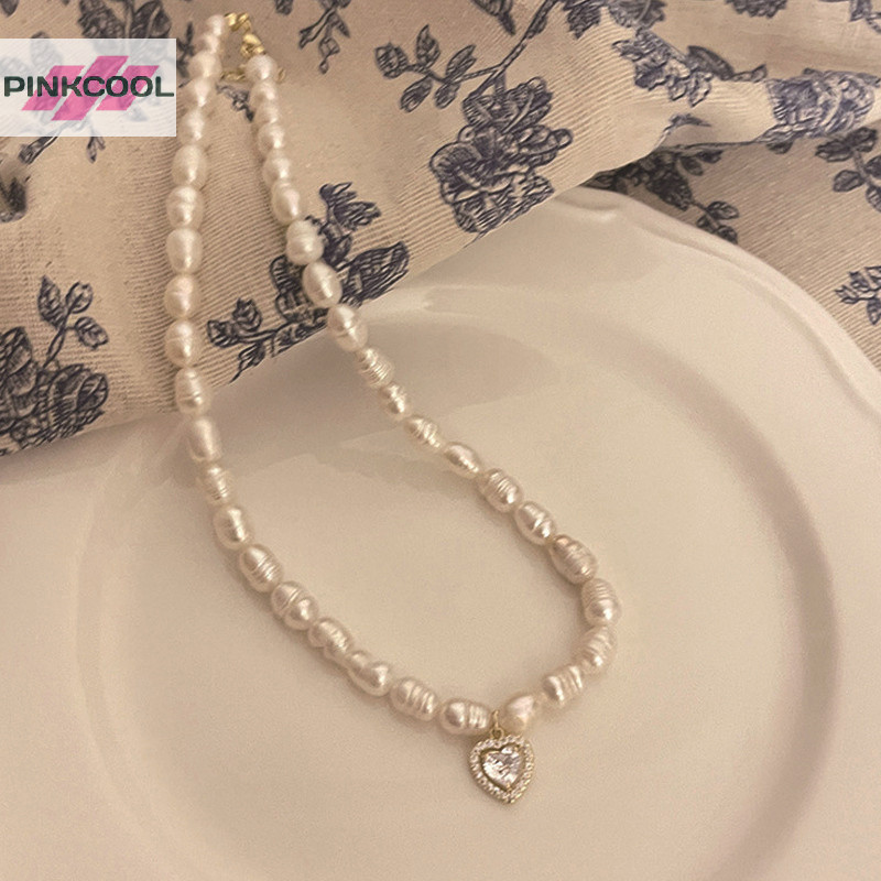 Pinkcool แฟชั่นสไตล์เกาหลีสร้อยคอมุกน้ําจืดสําหรับผู้หญิงอ่อนโยนวินเทจโซ่กระดูกไหปลาร้าเพทายจี้สร้อยคอเครื่องประดับพรรคร้อน