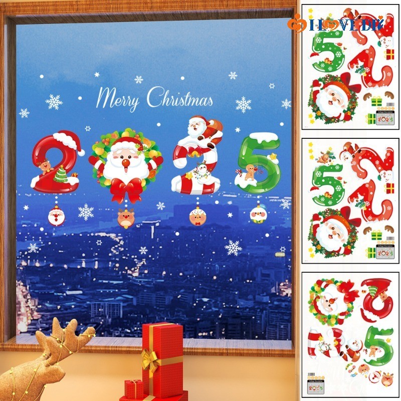 2025 สติ๊กเกอร์ติดหน้าต่าง Merry Christmas - สติ๊กเกอร์ติดกระจกไฟฟ้าสถิต PVC - สติ๊กเกอร์เกล็ดหิมะ Santa Elk ของตกแต่งบ้านปีใหม่