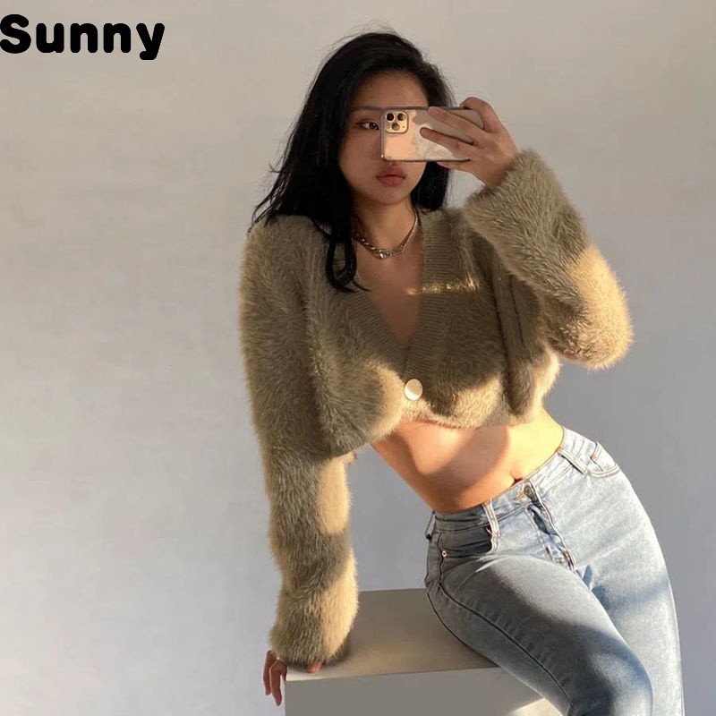 Sunny Sunny Sweater Cardigan Coat Women's Autumn and Winter Idle Style Short Mink-like Wool Knitwear Long Sleeve White Plush Top