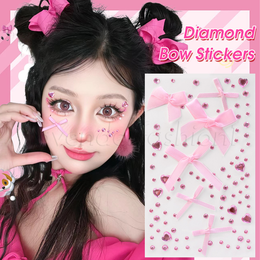 สติ๊กเกอร์ตกแต่งใบหน้าเพชรเงา 3D - ตกแต่งศิลปะร่างกาย DIY - อุปกรณ์แต่งหน้าปาร์ตี้เทศกาล - มีกาวในตัว กันน้ํา ชั่วคราว - Y2k Rhinestone ริบบิ้นโบว์สติกเกอร์