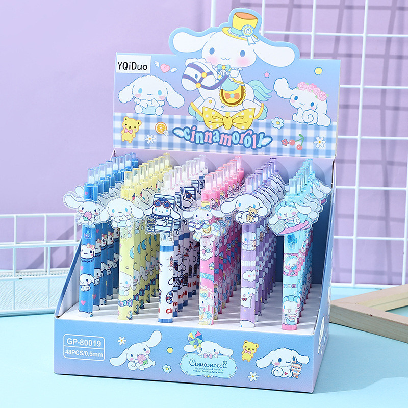 Sanrio 6pcs ใหม่การ์ตูน Paster ปากกาเจล Kuromi Pochacco Cinnamoroll สาวน่ารักปากกานักเรียนโรงเรียนอุปกรณ์ 0.5 สีดําสอบ