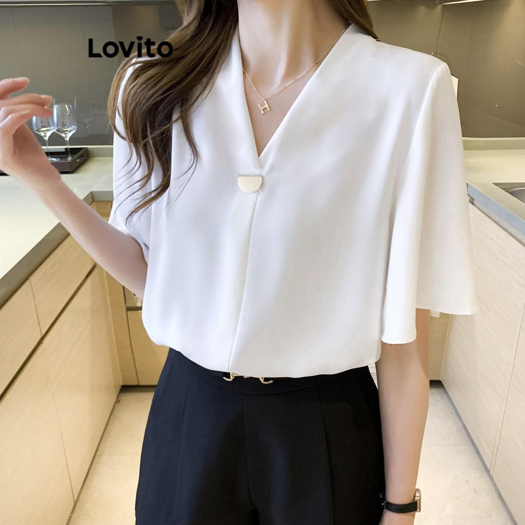 Lovito เสื้อเบลาส์ผู้หญิง แขนระบาย สีพื้น สไตล์หรูหรา LNE67019