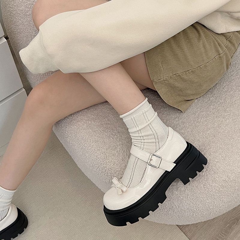 รองเท้าแมรี่เจนสไตล์เกาหลี รองเท้าหนังส้นหนา ตกแต่งโบว์ พื้นหนา หัวกลม หวานและน่ารัก สไตล์วิทยาลัย - รูปที่ 3