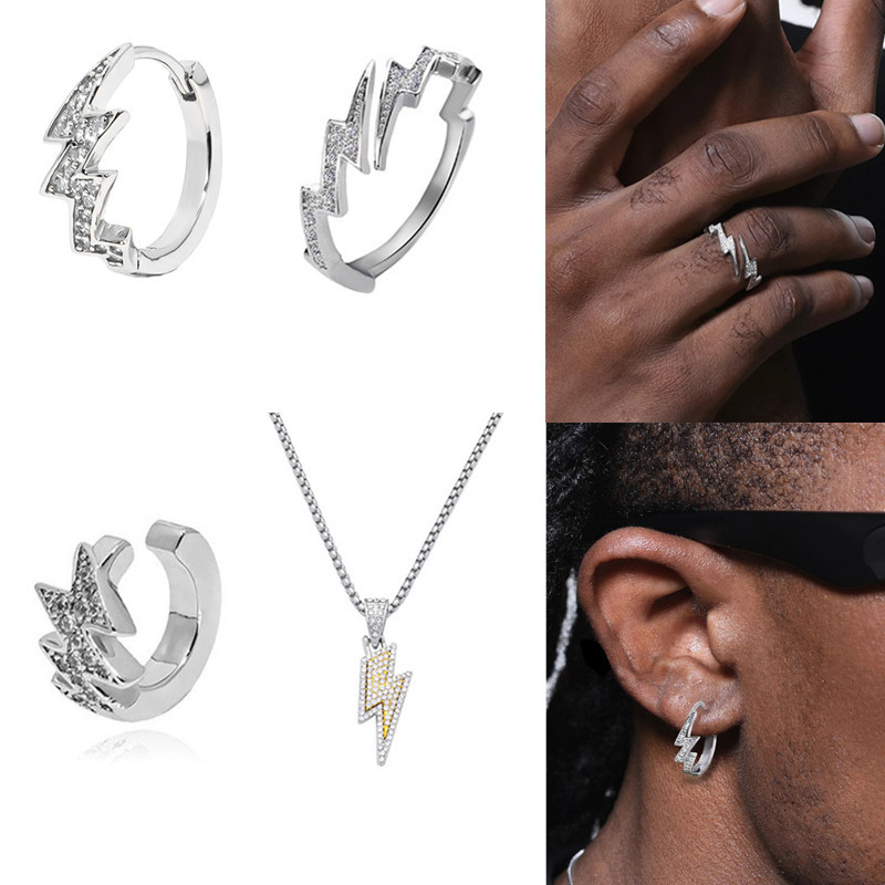 1 ชิ้นต่างหูผู้ชายที่มีเพชรเต็ม, สลักเกลียวสายฟ้าที่ไม่ซีดจางป้องกันการแพ้สลักเกลียวสายฟ้าหูคลิป, แหวน, สร้อยคอ