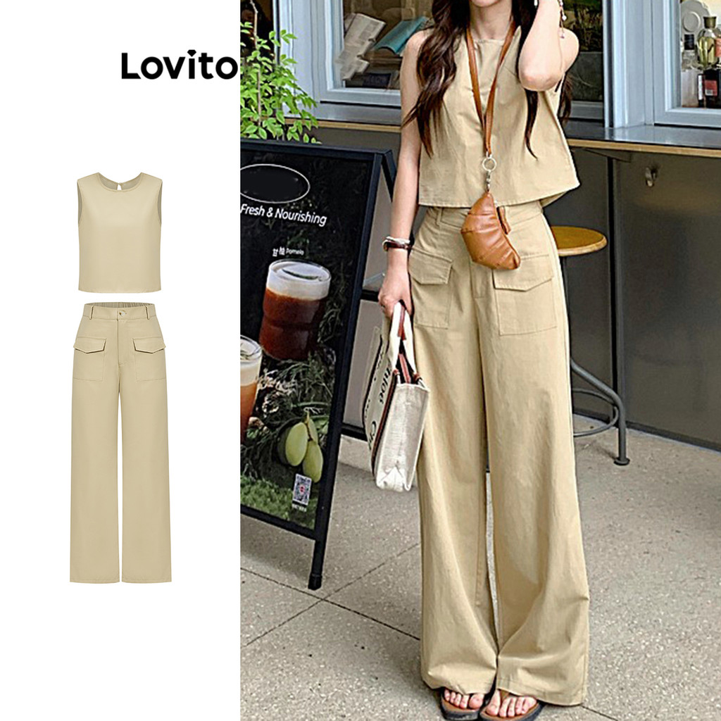 Lovito ชุดเซ็ทกางเกงขายาวผู้หญิง มีกระเป๋า สีพื้น สไตล์โมเดส L94AD133