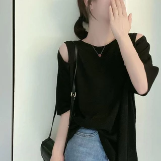 เสื้อยืดโอเวอร์ไซส์ (50-150 กก.) Plus Size ผู้หญิงสไตล์เกาหลีพลัสไซส์ลายทางปิดไหล่เสื้อยืดแขนสั้นคอกลมเสื้อผ้าสตรีแฟชั่น