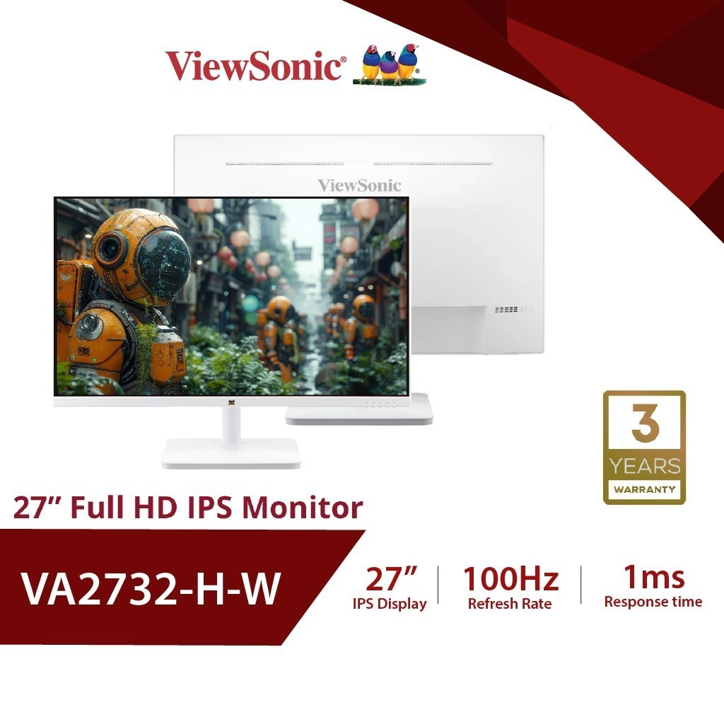 Viewsonic VA2732-H-W (สีขาว) 27” Full HD Monitor with Frameless Design (จอมอนิเตอร์) ประกันศูนย์ 3 ป