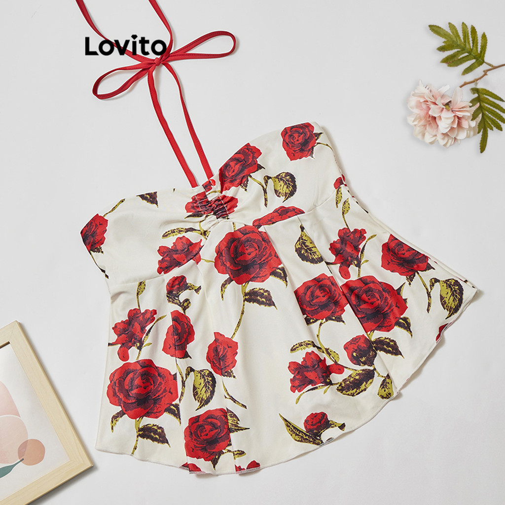 Lovito เสื้อเกาะอกผู้หญิง ลายดอกไม้ ผูกหลัง สไตล์โบโฮ L91ED430