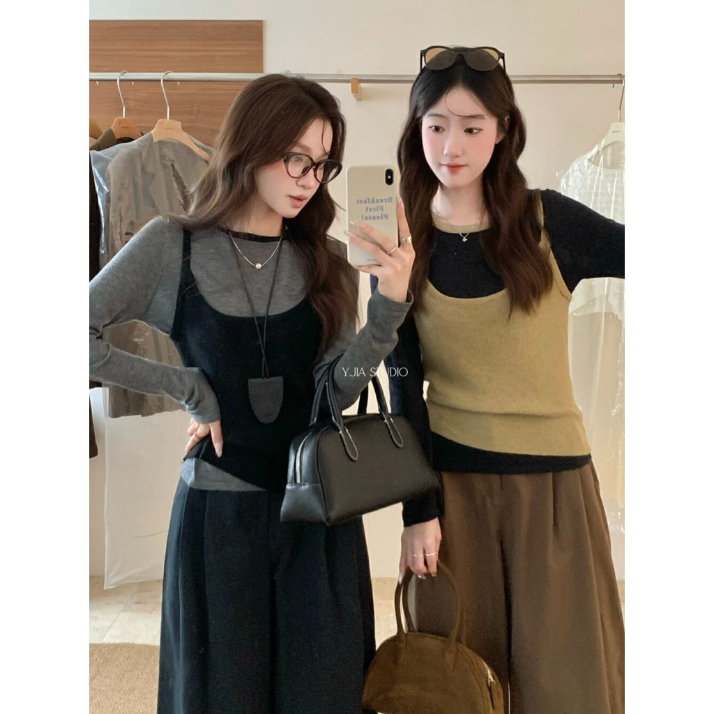 ฤดูใบไม้ร่วงใหม่ผู้หญิงสไตล์เกาหลีอารมณ์สีตัดกันรอบคออเนกประสงค์แขนยาวถักเสื้อกันหนาว+เสื้อกั๊ก 240919