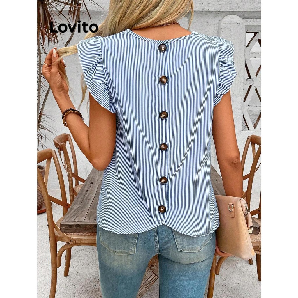 Lovito เสื้อเบลาส์กระดุมลายทางลำลองสำหรับผู้หญิง LNL72462