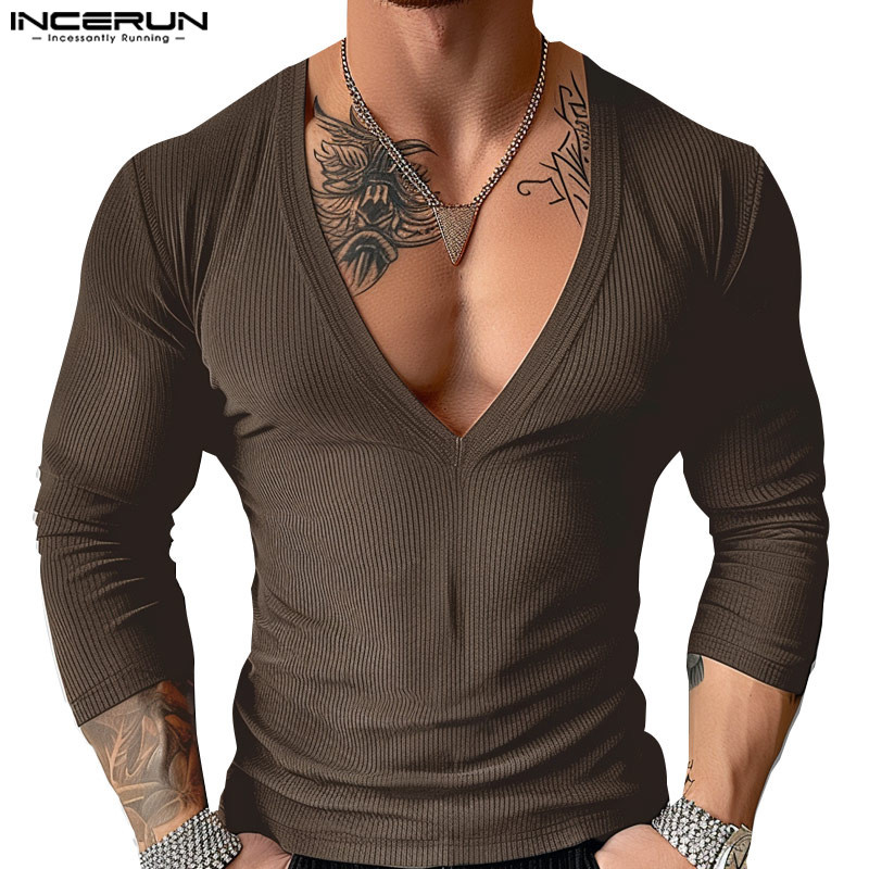 Incerun เสื้อยืดแขนยาวลายคอ V ลึกแฟชั่นวินเทจ