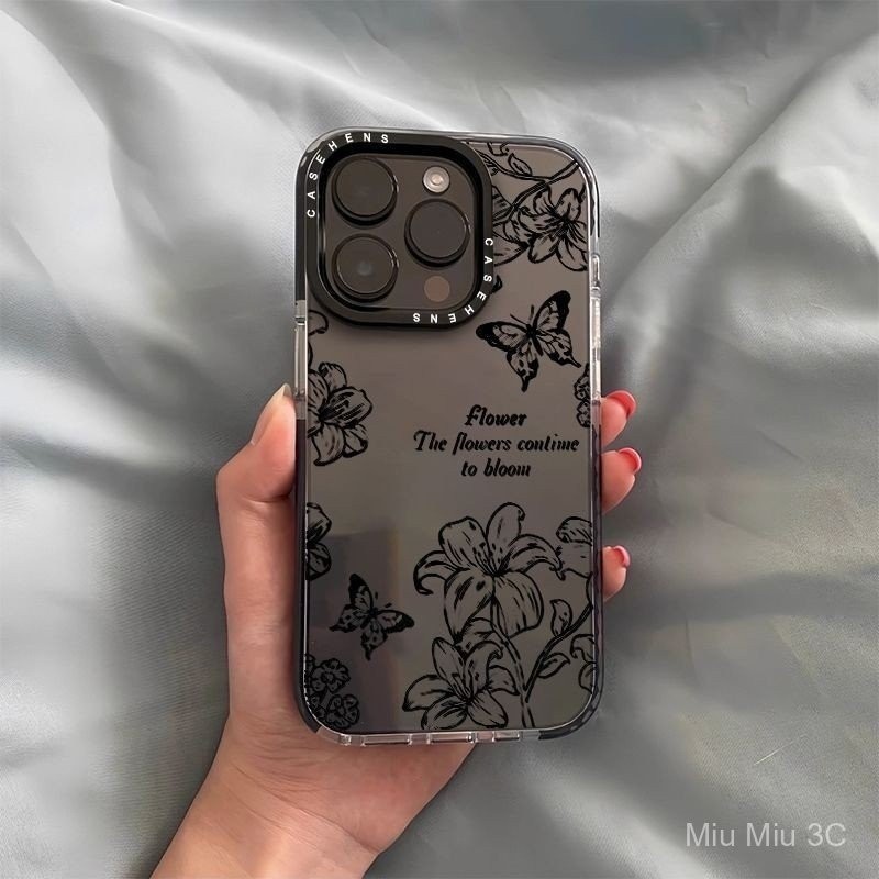 บุคลิกภาพศิลปะเส้นร่างดอกไม้ผีเสื้อความรู้สึกระดับไฮเอนด์เคส iPhone เข้ากันได้กับ iPhone 15 13 PRO MAX 12 11 PRO MAX 7 plus กันฝุ่น XS MAX 8 PLUS XR 11 Pro 12 14 PLUS เคสซิลิโคนกันกระแทก lmdf