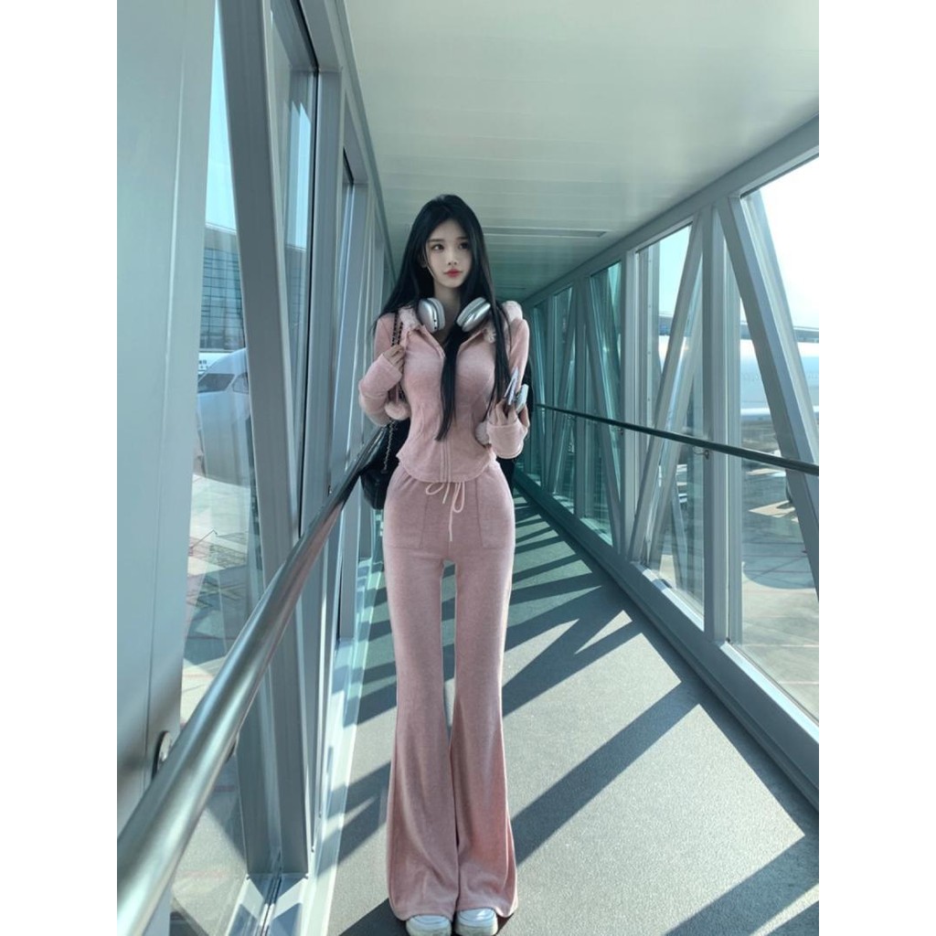 Pure Slim-Fit Hood Casual Pants Korean Style Bootcut Trousers Two-Piece Suit for Hot Girls Autumn and Winter Figure Design Super A D6T0