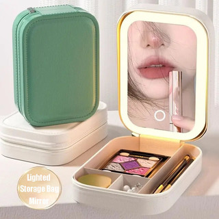 Leather Cosmetic Bag with LED Mirror Makeup Lighted Rechargeable Adjustable Brightness Full Screen Mirror Portable Travel Makeup Pouch Cosmetic Storage Organizer Bag