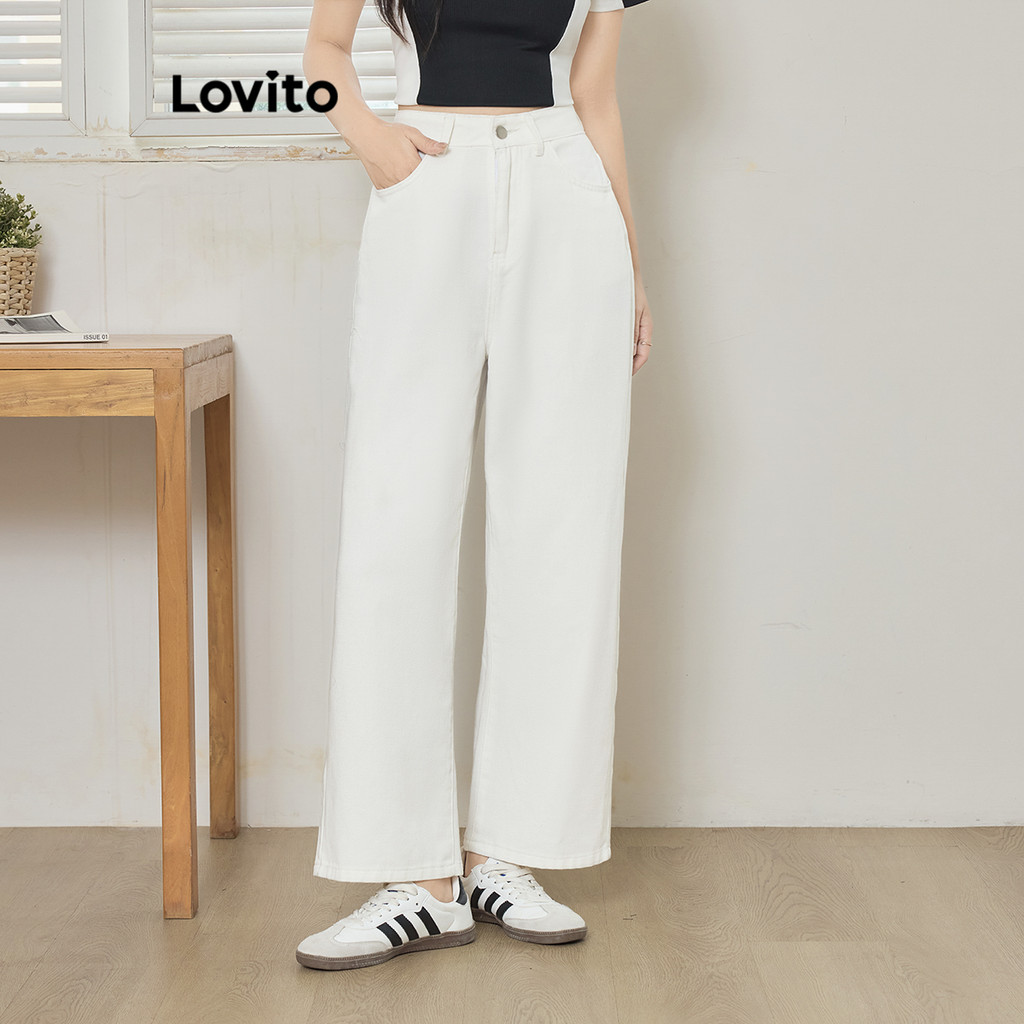 Lovito กางเกงยีนส์กระดุมกระเป๋าธรรมดาสำหรับผู้หญิง L104ED924