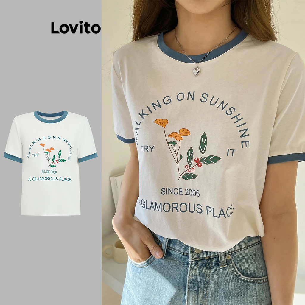 Lovito เสื้อยืดการ์ตูน สีบล็อกลำลองสำหรับผู้หญิง L104ED799