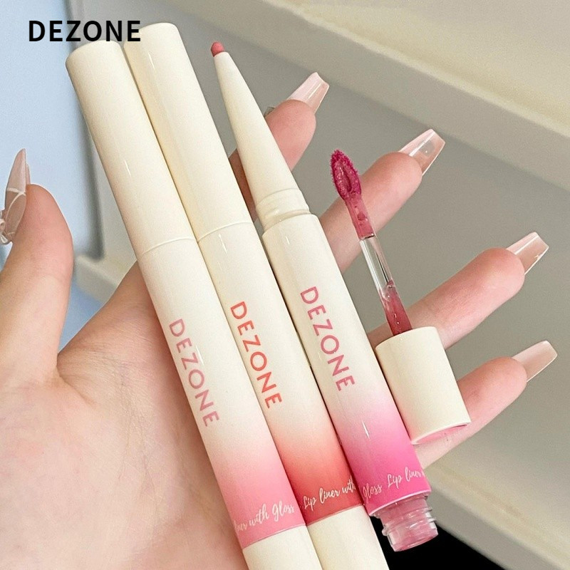 DEZONE Lip Glaze Double-Ended Lip Glaze Floating Glossy Mirror ลิปสติก Lip Liner Non-Stick Cup