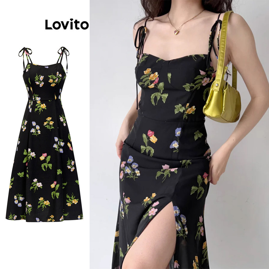 Lovito ชุดเดรสผู้หญิง แบบผ่าหน้า พิมพ์ลายดอกไม้ สไตล์ลำลอง L85AD181