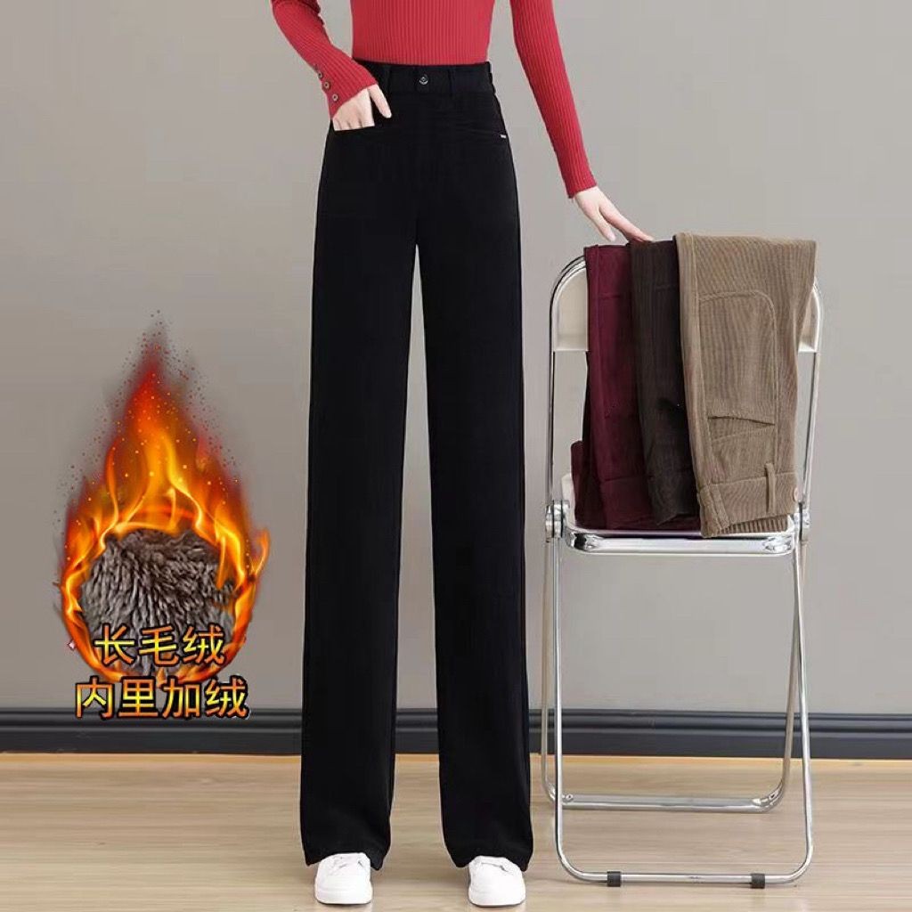 ฤดูใบไม้ร่วงฤดูหนาว2024สไตล์ใหม่เอวสูง เชนิลล์ กางเกงผู้หญิงหลวมสบายๆตรงฤดูหนาวขนแกะซับกางเกงขากว้างหนา - รูปที่ 4