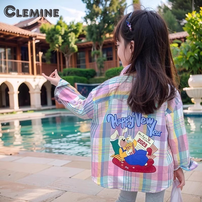 Clemine เสื้อแจ็คเก็ตแขนยาวเด็กลายสก๊อตเด็กผู้หญิง เสื้อเชิ้ตเวอร์ชั่นเกาหลี