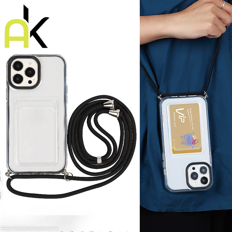 AK Case For iPhone 16 13 11 15 14 12 Pro max 7 8 6 15 Plus XR X XS Max Card Holder With Lanyard Shockproof Soft TPU
