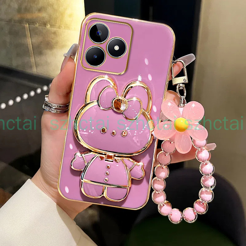 เคส Realme C67 C61 C63 Note 50 12 C65 C55 C53 C51 C12 C15 C25 C25S C21Y C25Y C30 C30S C35 C11 2021 8 5 5i 5S 6i 7i C17 9 PRO PLUS 10 11 12 PRO+ 4G 5G เคสโทรศัพท์ TPU 3D กระต่ายเครื่องสําอางกระจกแต่งหน้าขาตั้ง บางเฉียบ ชุบ กรณีอ่อนนุ่ม กรณีป้องกันการกระแทก