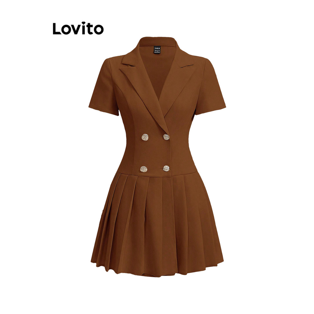 Lovito ชุดเดรสจีบกระดุมคู่ธรรมดาสำหรับผู้หญิง L106AD147